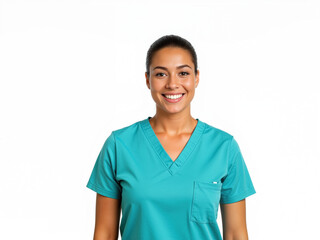isolated white background Smiling woman in scrubs standing against plain background