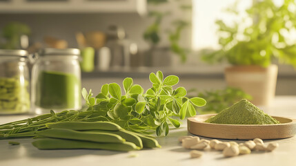 Fresh moringa leaves and powder on kitchen table