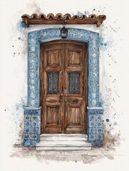 A beautifully crafted wooden door features intricate designs and is surrounded by vivid blue tiles. The warm tones of the wood contrast with the tiled embellishments, reflecting classic craftsmanship.