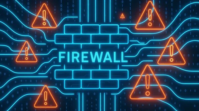 A digital illustration of a firewall system, showcasing a brick wall with warning icons in bright colors, representing cybersecurity and network protection in a modern digital land