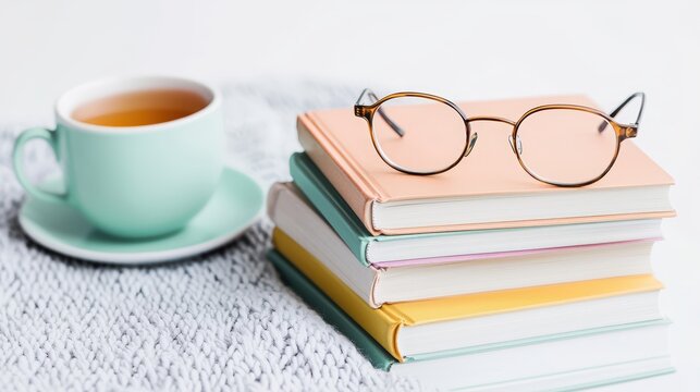 A stack of hardcover books with a pair of reading glasses and a cup of tea, cozy reading nook,