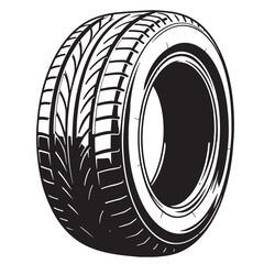 Black and white illustration of a car tire detailed design showing tread pattern suitable for automotive themes.