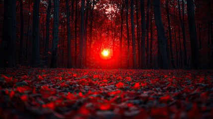 Red sunset in a dark forest.
