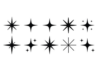 Collection of black starburst and sparkle shapes isolated on white background