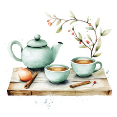 Watercolor Tea Service with Cinnamon Sticks and Berries on Wooden Board