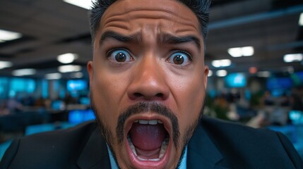 A Businessman with a Look of Extreme Shock and Terror on his Face in a Busy Office Environment, Ideal for Videos about Financial Crisis or Bad News