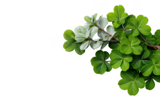 Green clover leaves and frosted branches on a white background isolated on transparent background