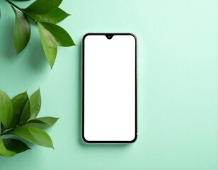 Smartphone Mockup with Blank Screen on Mint Green Background and Green Leaves