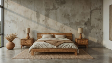 Wabi-sabi minimalist bedroom with concrete accent wall and natural wood elements