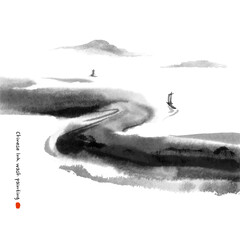 Hand-drawn Chinese ink wash painting of nature landscape. mist and distant mountains, lake, river, boat. traditional brushwork in monochrome tones.
