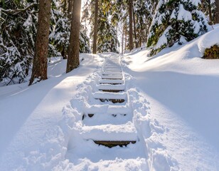 Snowy Step in a Deep Winter Forest