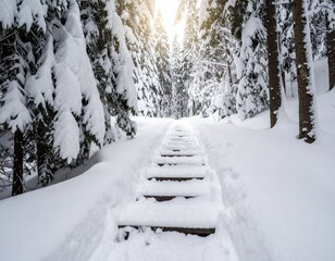 Snowy Step in a Deep Winter Forest