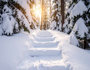 Snowy Step in a Deep Winter Forest