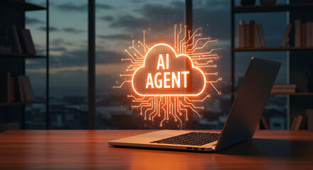 Glowing ai agent cloud symbol with digital circuits and binary code emanating from a laptop on a wooden desk isolated on white background
