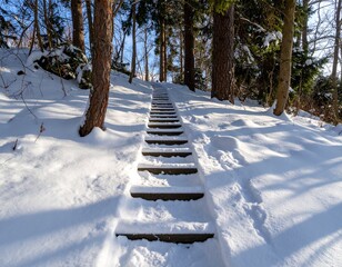 Snowy Step in a Deep Winter Forest