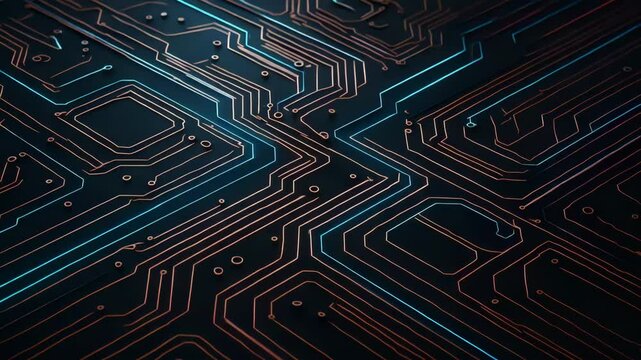Close-up of intricate circuit board patterns showcasing copper traces on a dark background, representing modern technology and electronic innovation in a dynamic design.