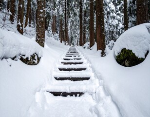 Snowy Step in a Deep Winter Forest