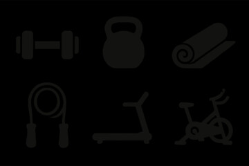 Silhouette icons of fitness equipment: dumbbell, kettlebell, yoga mat, jump rope, treadmill, exercise bike