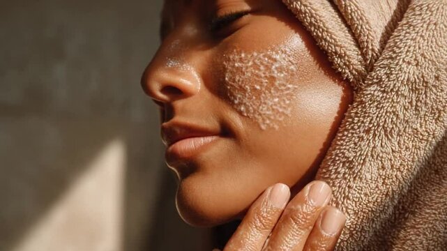 Close-up of woman applying face scrub with towel on head in sunlit setting