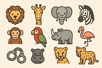 Obraz premium Cute cartoon safari animals: lion, giraffe, elephant, zebra, monkey, parrot, rhino, flamingo, hippo, cheetah