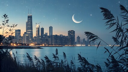Naklejka premium A tranquil night scene showcases the chicago skyline illuminated under a crescent moon and starry sky, with calm lake water reflecting the city lights in the foreground