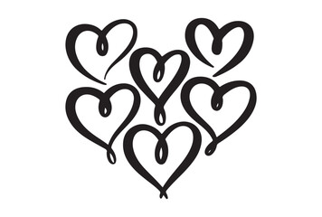 A cluster of seven black hand drawn hearts isolated on white background