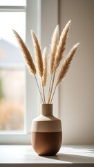 Naklejka premium Dried Pampas Grass Stems in a Two-Tone Ceramic Vase on a White Surface
