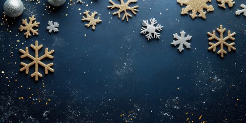 A festive arrangement of silver and gold snowflakes scattered on a dark surface, creating a cheerful winter atmosphere perfect for holiday decorations.