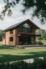 A modern brick house featuring expansive windows is nestled amid lush greenery, radiating warmth and charm on a bright, sunny day