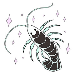 Cartoon shrimp character with smile and sparkles on white background  