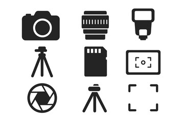 Obraz premium Photography equipment icons: camera, lens, tripod, flash, memory card, aperture