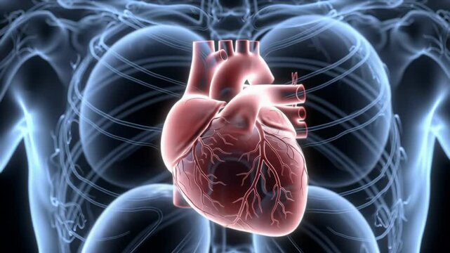 3D transparent visualization of a beating human heart inside a semi-transparent body, showcasing modern medical technology and anatomy