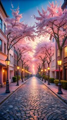 Fototapeta premium A picturesque cobblestone street lined with cherry blossom trees in full bloom at twilight, creating a romantic and serene atmosphere