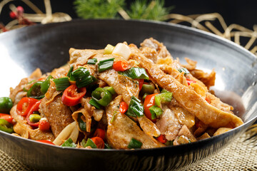 Iron pot tofu and roasted duck intestines