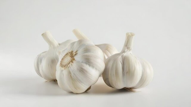 Three garlic heads on a white surface