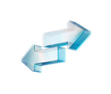 Transparent glass-like 3D bidirectional arrows symbolizing exchange and transfer. 3d illustration