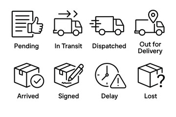 Package tracking icons: delivery status from pending to lost