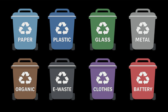 Set of color-coded recycling bins for different waste types on black background