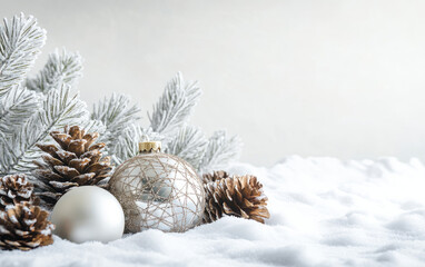 A festive Christmas decoration, like an ornament ball on a fir branch, beautifully contrasts against white snow or a simple background, evoking a winter holiday season