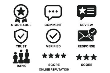Online reputation icons: star badge, comment, review, trust, verified, response, score, rank