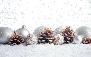 Shiny Christmas balls and ornaments adorn a snow-covered fir branch, celebrating the winter holiday season