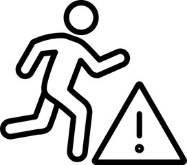 Running person warning sign, stick figure running near caution symbol, black outline, safety alert, hazard risk, simple icon, isolated on transparency background