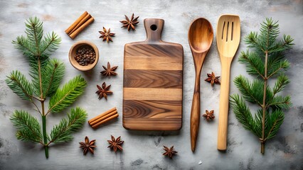 Photo of a rustic wooden cutting board, a wooden spoon, and a spatula are arranged on a gray surface with cinnamon sticks, star anise, and fir branches, creating a cozy winter cooking scene
