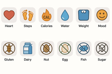 Health and nutrition icons for fitness and dietary tracking apps
