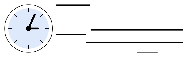 Clock face alongside dynamic horizontal lines suggesting speed, efficiency, and time tracking. Ideal for productivity, organization, deadlines, task prioritization, workflow, time-saving strategies