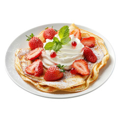 Strawberry crepe isolated on a white background, featuring fresh strawberries and whipped cream. PNG