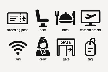 Air travel icons: boarding pass, seat, meal, entertainment, wifi, crew, gate, tag