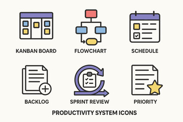 Productivity system icons: kanban, flowchart, schedule, backlog, sprint review, priority