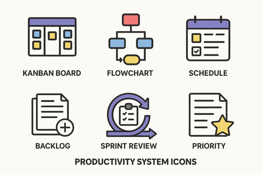 Productivity system icons: kanban, flowchart, schedule, backlog, sprint review, priority
