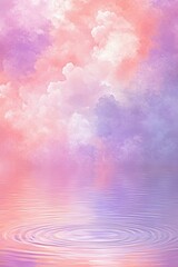 A serene and dreamy landscape featuring soft pastel clouds reflected in a tranquil water surface. The blend of purples, pinks, and blues evokes a calm, magical atmosphere.